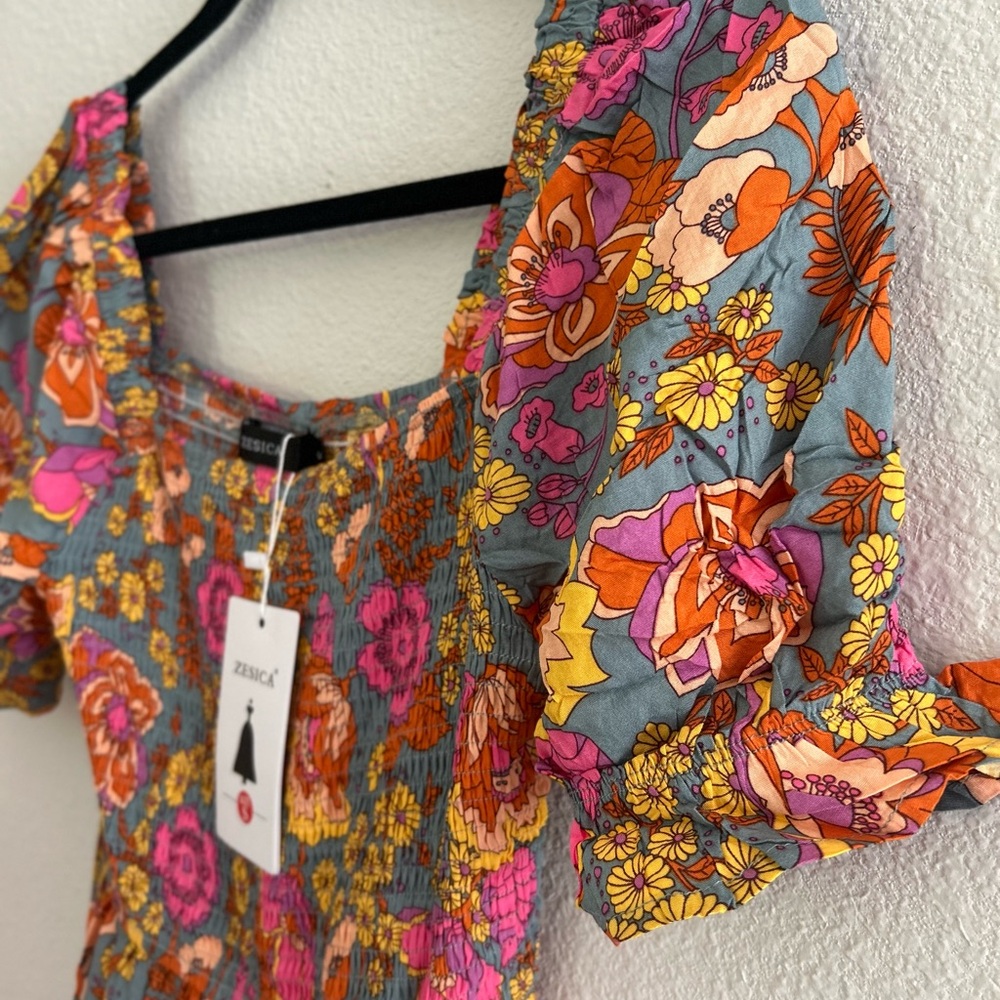 Orange and Pink Puff Sleeve boho Sundress - Picture 7 of 12